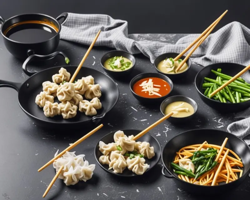 Illustration: dumplings in a black pan beside bowls of stir-fried vegetables, noodles and dipping sauces, with chopsticks