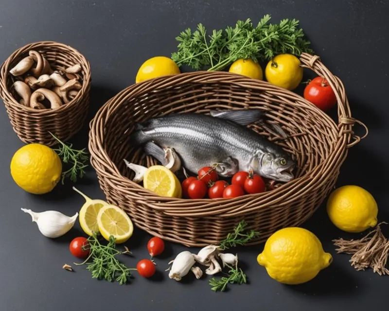 Illustration: a mystery basket of fresh ingredients on a dark counter