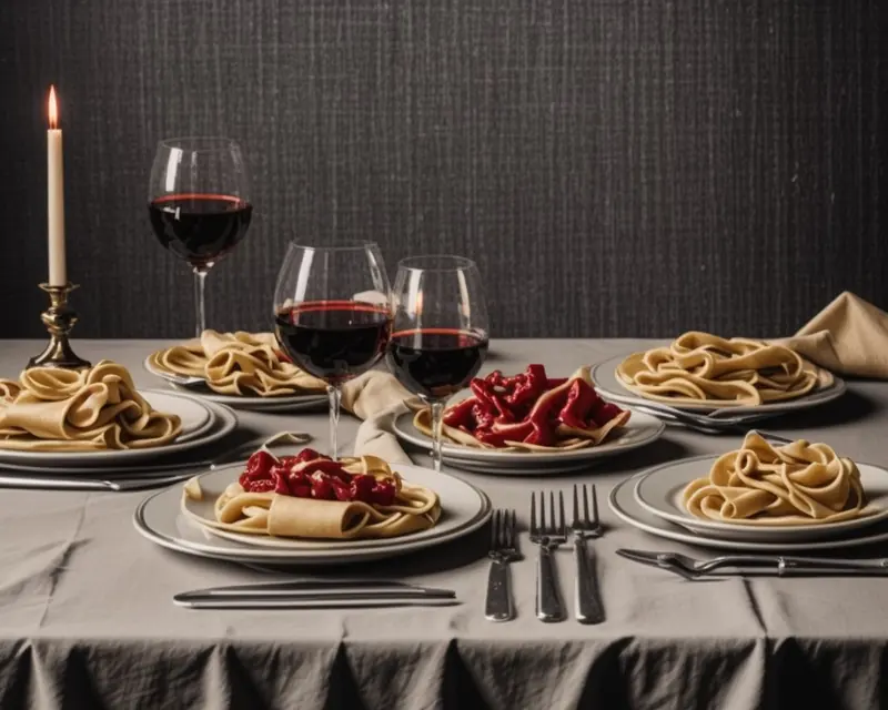 Illustration: candlelit table for two with fresh pasta and red wine