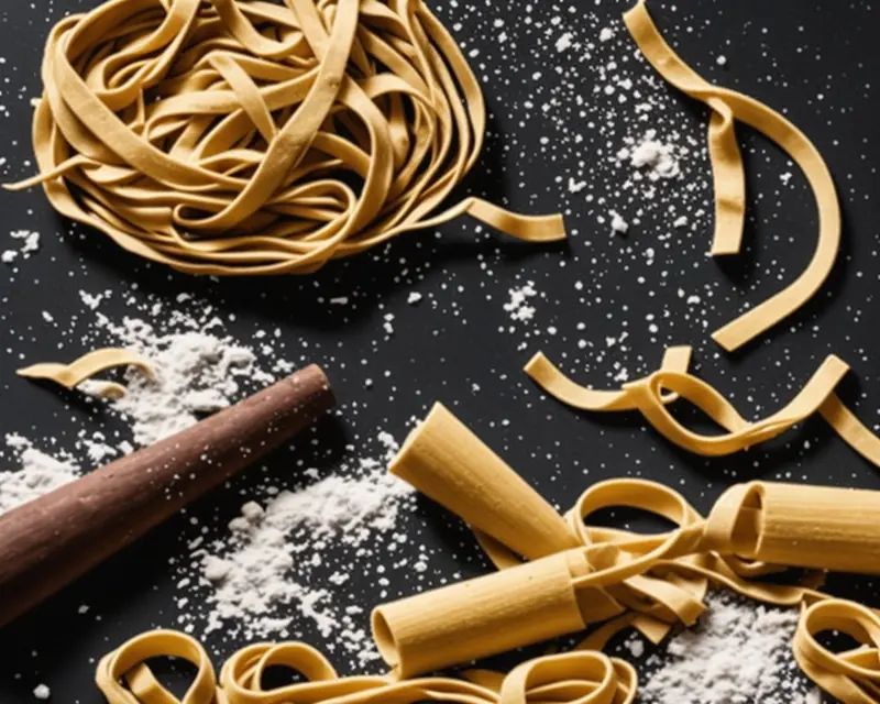 Illustration: fresh pasta dough, eggs and flour on a wooden counter