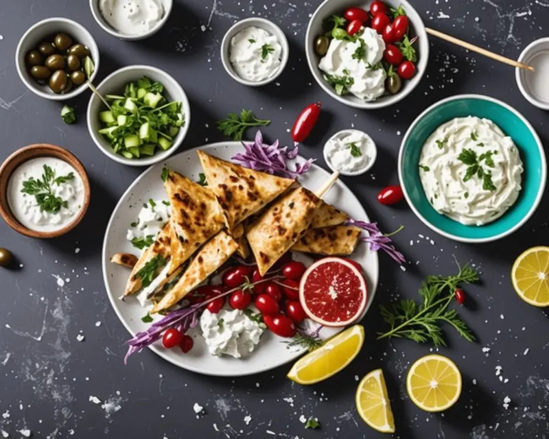 Illustration: Greek mezze spread with golden pastry triangles, creamy dips, olives, tomatoes and lemon