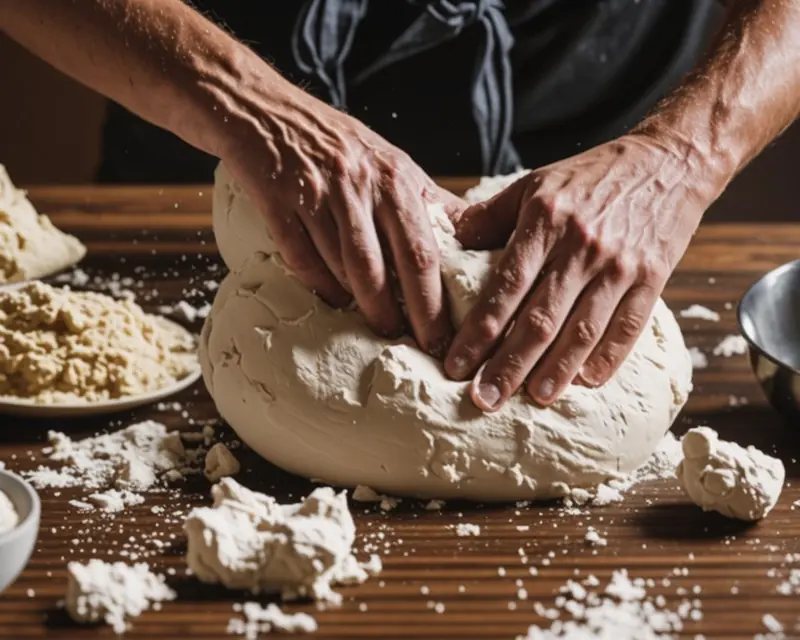 Illustration: hands kneading dough on a floured wooden counter