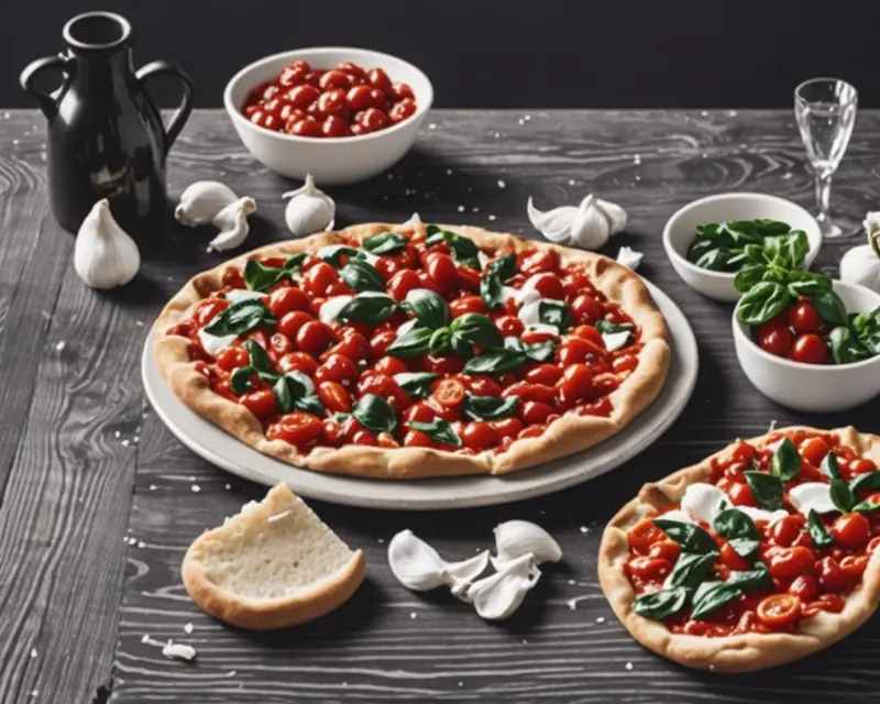 Illustration: tomato and basil pizzas with garlic, bread and a bowl of cherry tomatoes on a rustic table