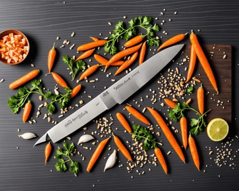 Illustration: chef’s knife beside finely diced carrots, onion, celery and parsley