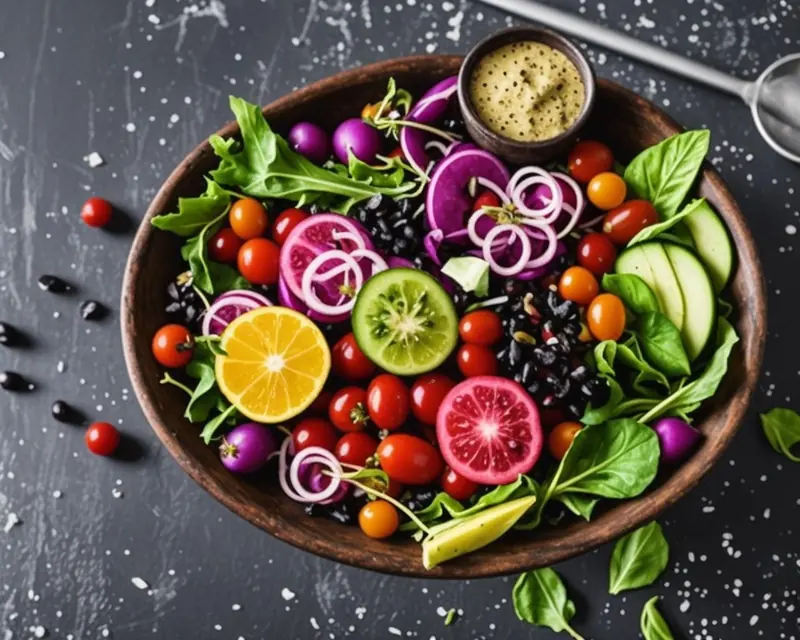 Illustration: a large bowl of colorful salad with greens, tomatoes, citrus, onion and a jar of dressing