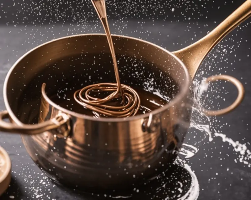 Illustration: glossy pan sauce reducing in a copper saucepan with butter and thyme