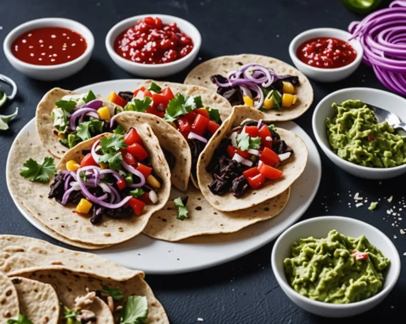 Illustration: soft tacos with colorful fillings, bowls of salsa and guacamole on a dark table