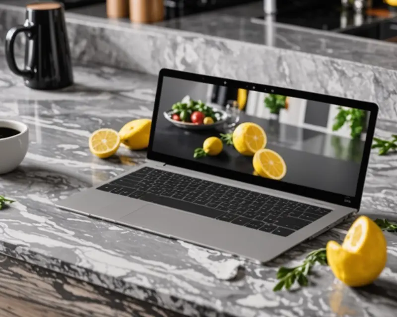Illustration: an open laptop on a home kitchen counter showing a video call, with fresh vegetables, herbs and a cutting board