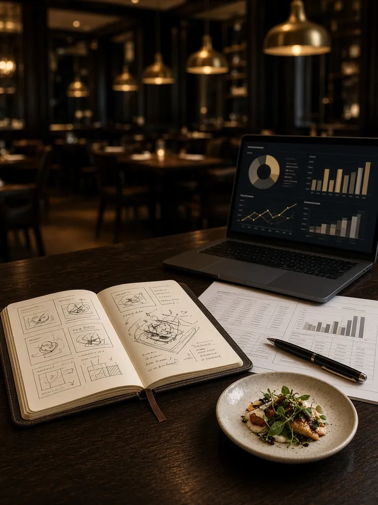 Restaurant consulting setup: menu-planning notebook, laptop with charts and cost sheets on a table in a warmly lit dining room