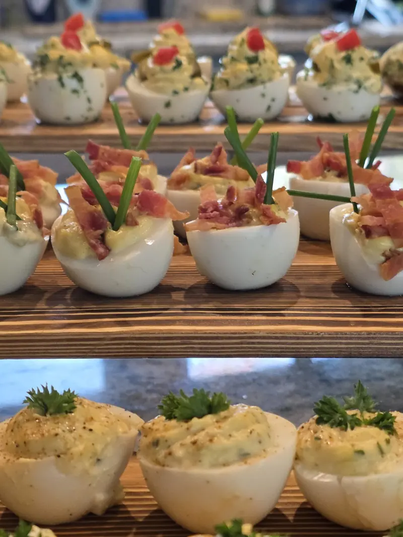 Individual appetizer cups lined up for service