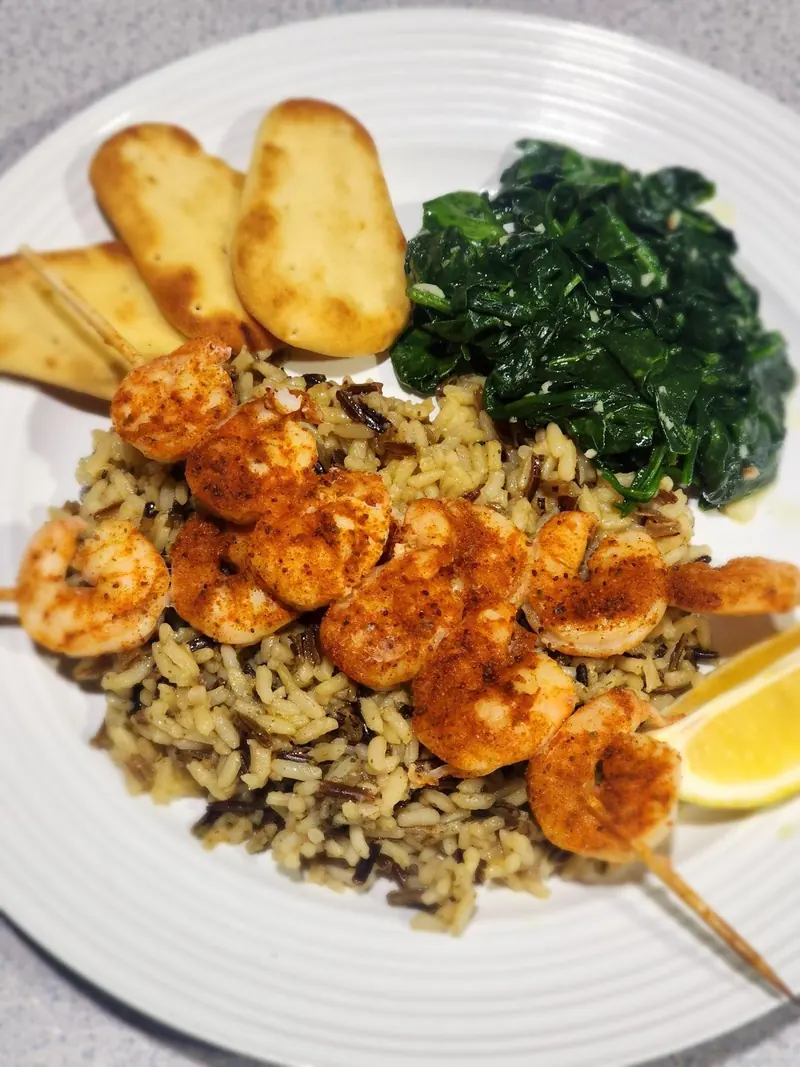 Shrimp skewers & rice