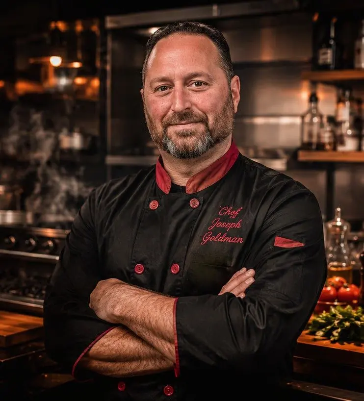 Chef Joseph Goldman in a black chef coat with red trim, arms crossed, in a kitchen