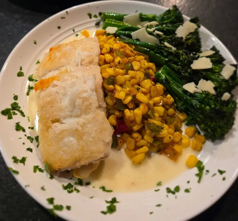 Fish with corn & greens